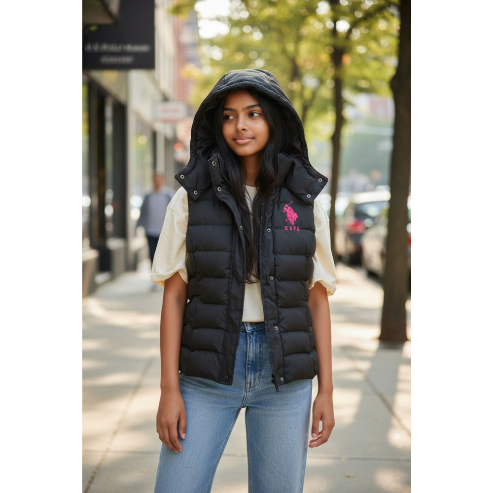 U.S. Polo Assn. Black Puffer Vest with Pink Logo, Size L